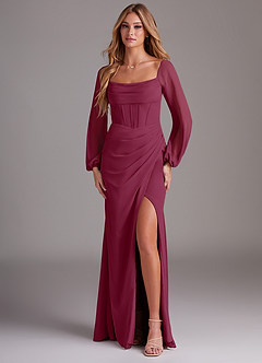 Azazie Charissa Bridesmaid Dresses Mulberry Sheath Long Sleeve Chiffon Dress image1
