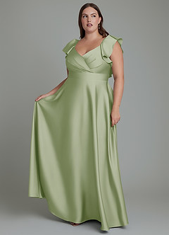 Azazie Leilani Robes de demoiselle d'honneur Robe Trapèze en Satin extensible Drapé Vert Sauge image1