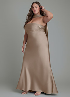 Azazie Saylor Vestidos de damas de honor Vestido Gris Pardo de Satén Elástico de Corte Sirena con Palabra de honor image6