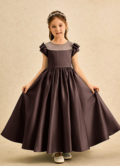Azazie Toffee Abiti da Ragazza di Fiori Abito Stile Principessa in Raso Opaco Fiocco Ganache image2