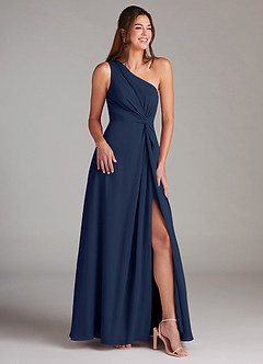 Azazie Brooke Vestidos de damas de honor Vestido de Azul Marino Oscuro de Gasa de Corte en A con Hombro unilateral image4