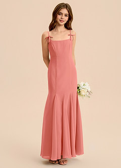 Azazie Evey Junior Vestido de Rosa Salmón de Gasa de Corte Sirena con Plisado image1