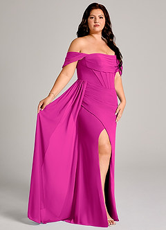 Azazie Amyra Robes de demoiselle d'honneur Robe Fourreau Convertible en Mousseline de soie Épaule décolletée Fuchsia image11