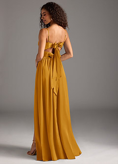 Azazie Zeya Bridesmaid Dresses Butterscotch A-Line Pleated Stretch Satin Dress image1