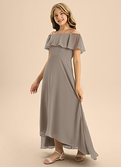 Azazie Maggie Junior Taupe A-Line Off the Shoulder Chiffon Dress image4