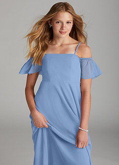 Azazie Sue Junior Jurk van Chiffon met A-Lijn Off the Shoulder Staal Blauw image5