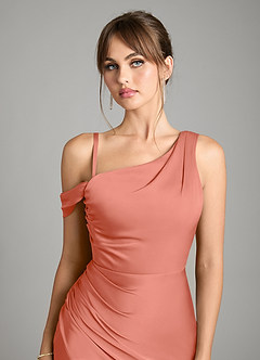 Azazie Madelyn Bridesmaid Dresses Salmon Pink Mermaid One Shoulder Stretch Satin Convertible Dress image3
