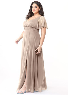 Azazie Induh Bridesmaid Dresses Taupe A-Line Flutter V-neck Mesh Dress image7