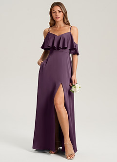 Azazie Jean Bridesmaid Dresses Plum A-Line Off the Shoulder Stretch Satin Dress image3