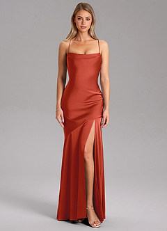 Azazie Grata Bridesmaid Dresses Rust Sheath Side Slit Stretch Satin Dress image3