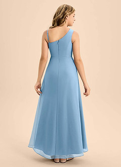 Azazie Brooke Junior Vestido de Azul Acero de Gasa de Corte en A con Corte Lateral image2