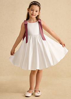 Azazie Stacie Flower Girl Dresses Ivory Amethyst A-Line Bow Matte Satin Dress image1