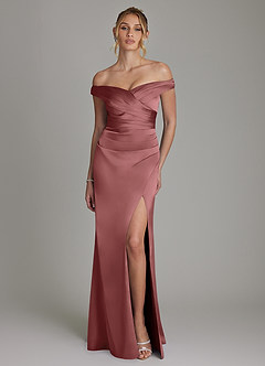 Azazie Teyana Bridesmaid Dresses Amethyst Sheath Off the Shoulder Stretch Satin Dress image4