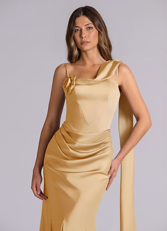 Azazie Inara 신부 들러리 드레스 인어 주름진 스트레치 새틴 바닥 길이 드레스 image7