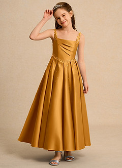 Azazie Mochi Girl Jurken voor bloemenmeisjes Baljurk Jurk van Mat Satijn Geplooid Boterbabbelaar image6