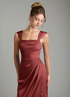 Azazie Filippa Bridesmaid Dresses Terracotta A-Line Pleated Stretch Satin Dress image3