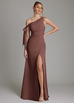 Azazie Aylin Bridesmaid Dresses Espresso Sheath Off the Shoulder Chiffon Dress image1