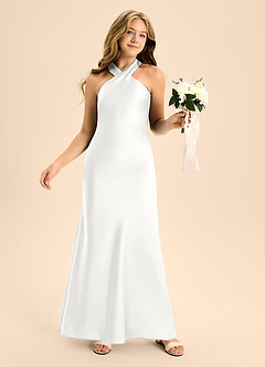Azazie Doretta Junior White A-Line Pleated Stretch Satin Dress image5