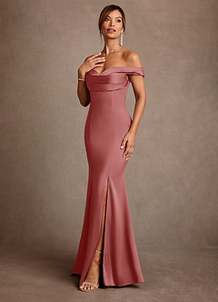 Azazie Boone Abiti per la Madre della Sposa Abito Sirena in Raso Elasticizzato a Spalla Scoperta Rosa Antica image4