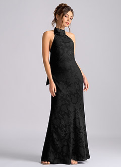 Azazie Velli Vestidos de damas de honor Vestido de Negro de Devorado Floral de Corte Sirena con Cuello Alto image5