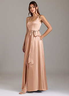 Azazie Elliott Bridesmaid Dresses Rose Gold A-Line with Pockets Stretch Satin Dress image4