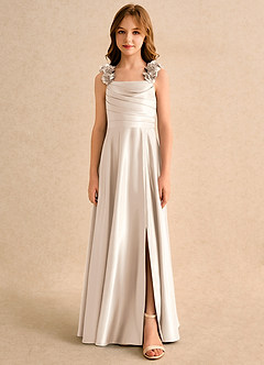 Azazie Rosita Girls Formal Vestidos de florista Vestido Alabastro Branco de Cetim fosco de Linha A com Plissado image3