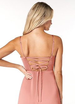 Azazie Marchella Bridesmaid Dresses Coral A-Line Corset Stretch Satin Dress image3