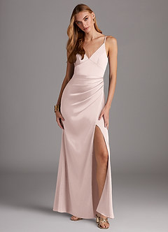 Azazie Shania Final Sale Blushing Pink Sheath V-Neck Pleated Stretch Satin Dress image3