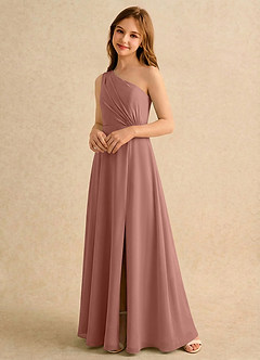 Azazie Puddles Girls Formal 플라워 걸 드레스 A라인 한쪽 어깨 쉬폰 플로어 길이 드레스 image4