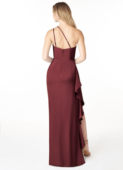 Azazie Latrice Bridesmaid Dresses Merlot Sheath One Shoulder Cascading Ruffles Stretch Satin Dress image2