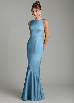 Azazie Tamera Bridesmaid Dresses Steel Blue Mermaid Pleated Stretch Satin Dress image2
