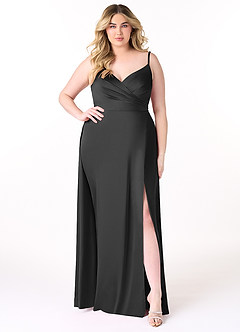 Azazie Dalilah Brautjungfernkleider A-Linie V-Hals Gefaltet Stretch-Satin Kleid Schwarz image6