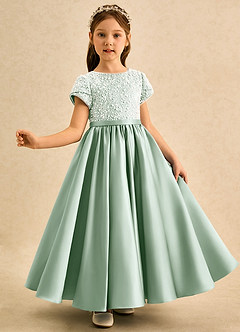 Azazie Cashew Flower Girl Dresses Agave Ball-Gown with Sleeves Matte Satin Dress image4