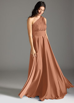 Azazie Charlize Bridesmaid Dresses Bronzer A-Line One Shoulder Stretch Satin Dress image3