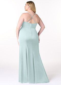 Azazie Marzia Bridesmaid Dresses Sea Glass Sheath Cowl Pleated Stretch Satin Dress image15