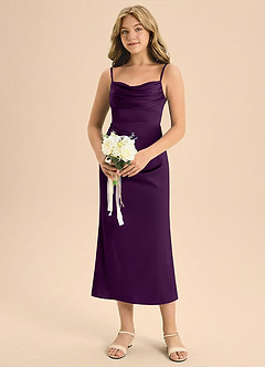 Azazie Mai Junior Jurk van Stretch Satijn met Kolom Geplooid Druif image4