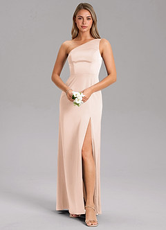 Azazie Feby Bridesmaid Dresses Blushing Pink A-Line One Shoulder Stretch Satin Dress image1