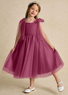 Azazie Dori Robe Demoiselle D'honneur Fillette Robe Trapèze en Tulle Rayé Mûre image4