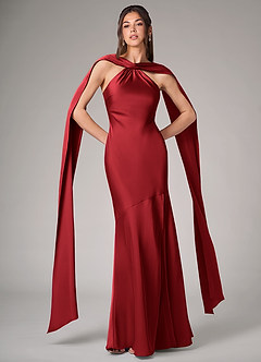 Azazie Kinsley Robes de demoiselle d'honneur Robe Sirène en Satin extensible Fente latérale Écarlate image1