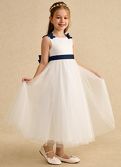 Azazie Lilli Flower Girl Dresses Ivory Dark Navy A-Line Bow Tulle Dress image1