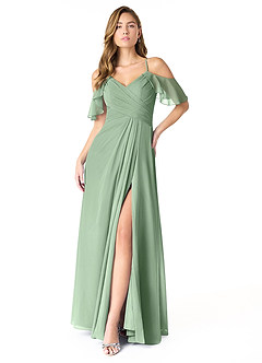 Azazie Dakota Vestidos de damas de honor Vestido de Matcha de Gasa de Corte en A con Cuello en V plisado image2