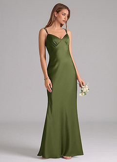 Azazie Suttona Bridesmaid Dresses Olive A-Line Pleated Stretch Satin Dress image2