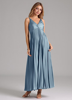 Azazie Raychelle Bridesmaid Dresses Dusty Blue A-Line Pleated Stretch Satin Dress image5