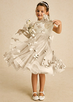 Azazie Sprout Flower Girl Dresses Champagne A-Line Bow Tulle Dress image3