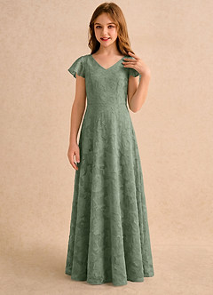 Azazie Narin Girls Formal Flower Girl Dresses Matcha A-Line with Sleeves Floral Burnout Dress image3