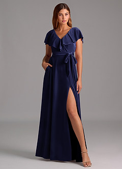 Azazie Lainey Bridesmaid Dresses Dark Navy A-Line Ruched Velvet Dress image1