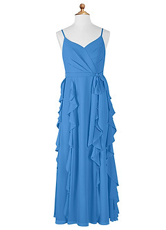 Azazie Peyton Junior A-Linie Kaskadierende Rüschen mit V-Ausschnitt Chiffon Kleid Blauhäher image6