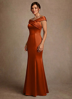 Azazie Aberdeen Mother of the Bride Dresses Burnt Orange Sheath Pleated Stretch Satin Dress image3