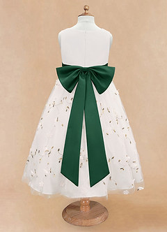 Azazie Pollie Flower Girl Dresses Ivory Dark Green A-Line Bow Tulle Dress image12