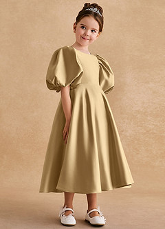 Azazie Sugarplum Flower Girl Dresses Gold A-Line with Sleeves Matte Satin Dress image6